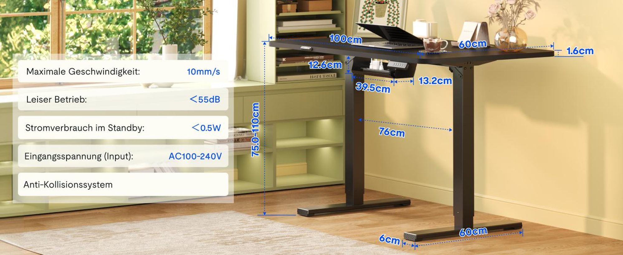 FLEXISPOT EN1 Höhenverstellbarer Schreibtisch 100x60cm elektrisch mit einteiliger Tischplatte, Kabelmanagement & Ablagefach, 4 Memory-Funktion Schwarz