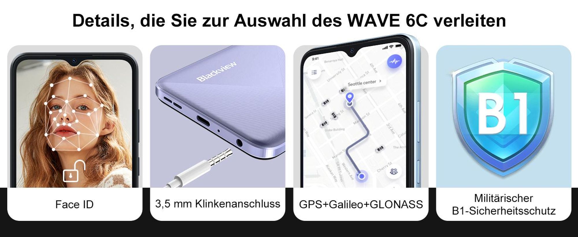Blackview WAVE 6C 6.5“ Android handy Ohne Vertrag, 4+32GB, 5100mAh, Face ID, Dual SIM, TPU-Schutzhulle
