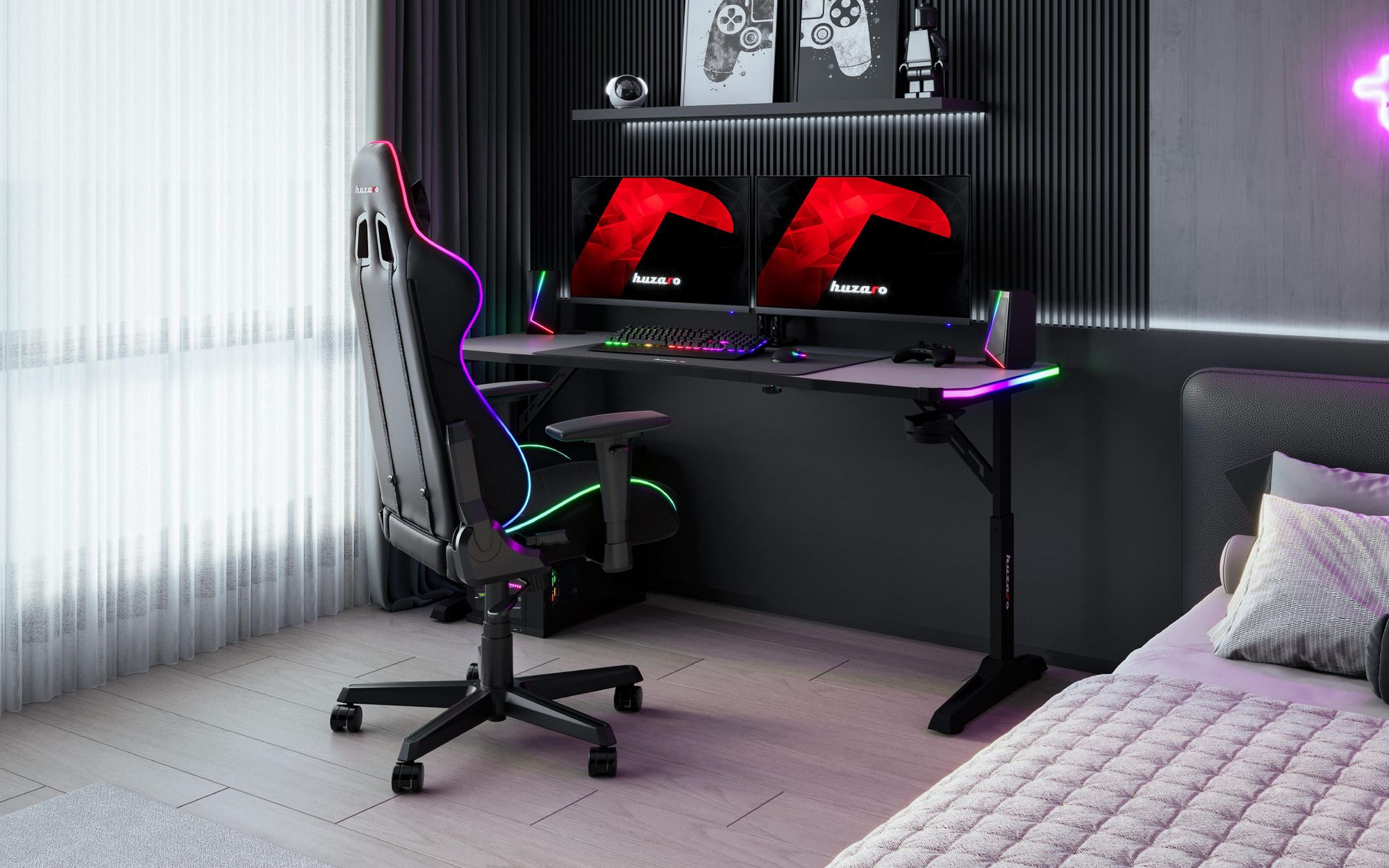 Huzaro Hero 4.6 RGB Gaming Tisch – höhenverstellbar 160x60 cm, LED-Beleuchtung, Carbon-Oberfläche, XXL-Mauspad, Halterungen