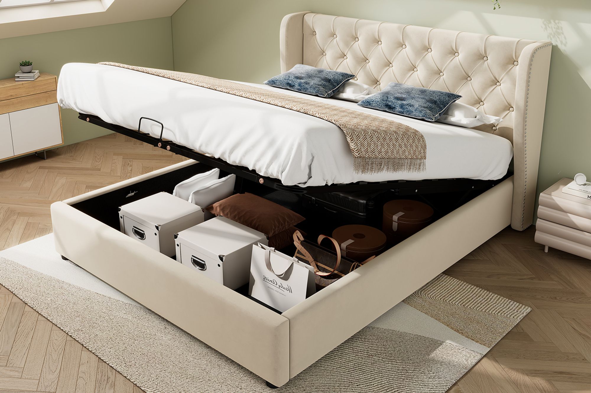 okwish Polsterbett 160×200cm Hydraulisches Doppelbett mit Stauraum, Stauraumbett Jugendbett mit Bettkasten, Samtstoff,Beige(ohne Matratze）