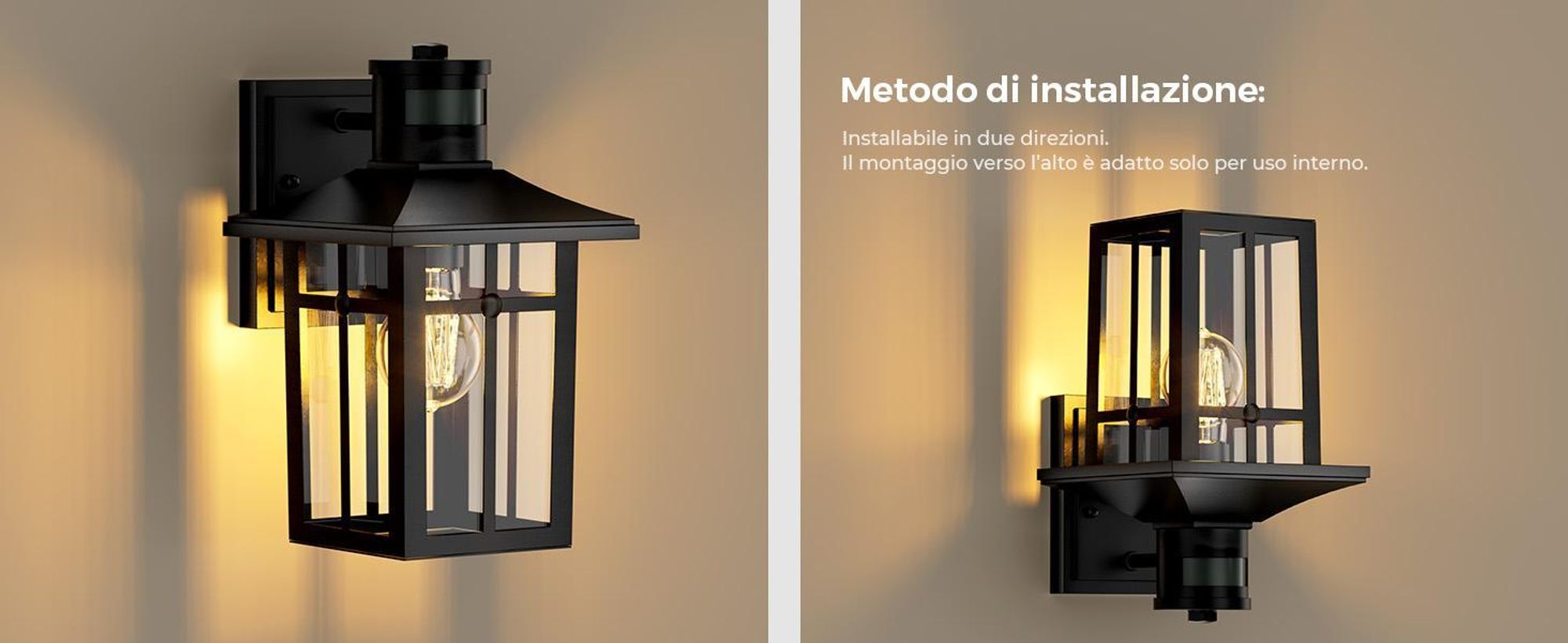 S'AFIELINA lampada da esterno con rilevatore di movimento, lampada da parete E27 per terrazza, parete di casa, luce esterna nera, design vintage, 2 pezzi