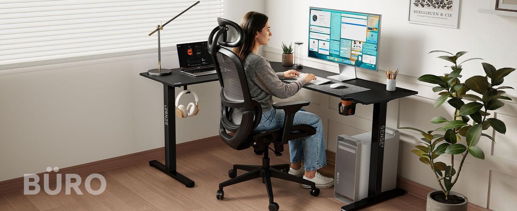 Sense7 RONG Gaming Eckschreibtisch L-Form 154x117 cm - Schwarz Computertisch Carbon Optik PC Gamer Tisch flexibel montierbar Home Office