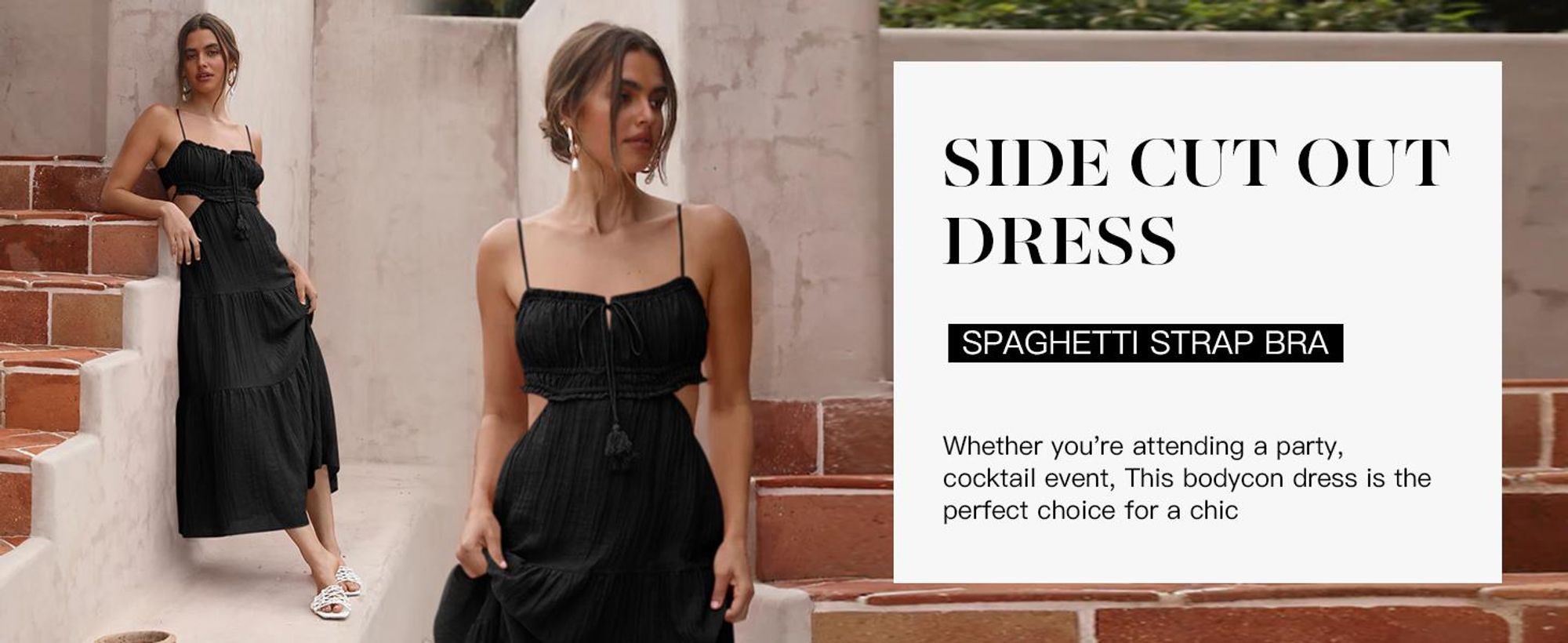 Damenkleid, langes, rückenfreies Kleid im Bohème-Stil mit Spaghettiträgern.