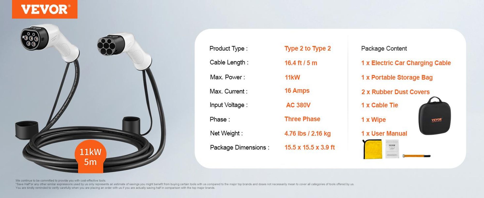 VEVOR Typ 2 zu Typ 2 EV-Ladekabel, 32Amp, 7kW 5 Meter Einphasen-Elektrofahrzeug-Ladekabel, IP66 wasserdicht mit Tragetasche, für IEC62196 EV & Plug-in-Hybrid-Elektrofahrzeuge, CE&TUV, 11 kW, 5 m-a