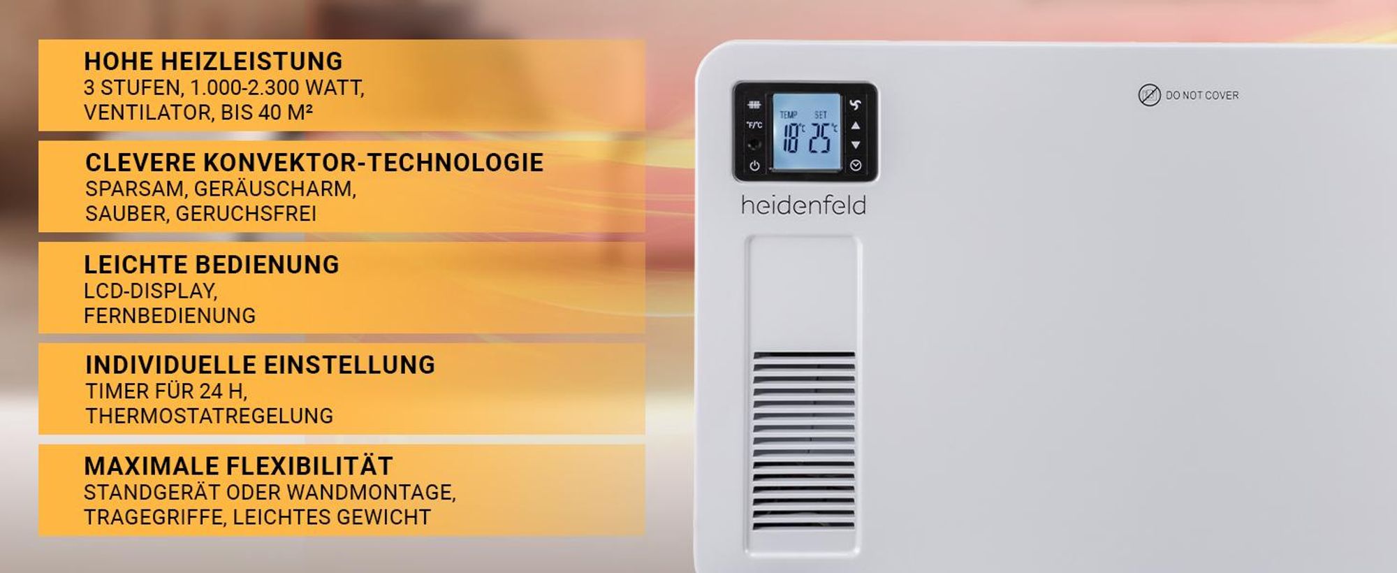 Heidenfeld Konvektor Heizung EK100 | Heizkörper - Elektroheizung - Wandheizung - Standheizung - Überhitzungsschutz - Display - 2.300 Watt - bis 40 m²