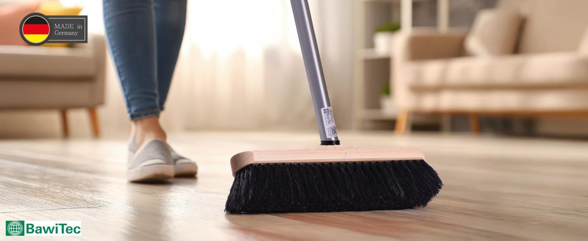 Qualitäts Roßhaarbesen 30cm Breit mit Teleskopstiel stufenlos ausziehbar auf 200cm Länge sehr weiche Rosshaar-Borsten Besen Zimmerbesen mit Stiel