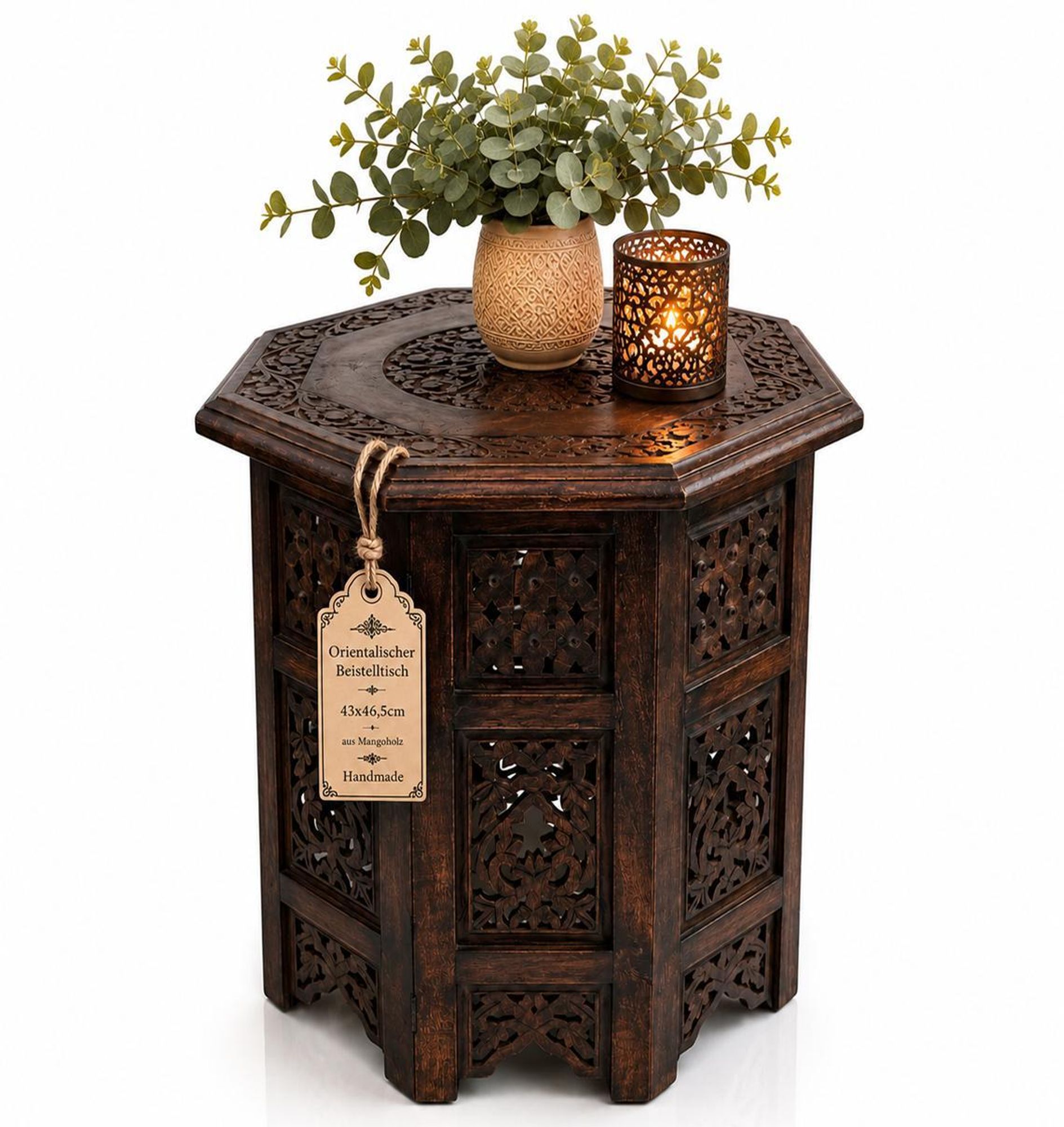 Orientalischer Beistelltisch Ø 42,5cm H 47cm aus Mango Massivholz braun handgeschnitzt | Handmade Couchtisch Vintage Sofatisch
