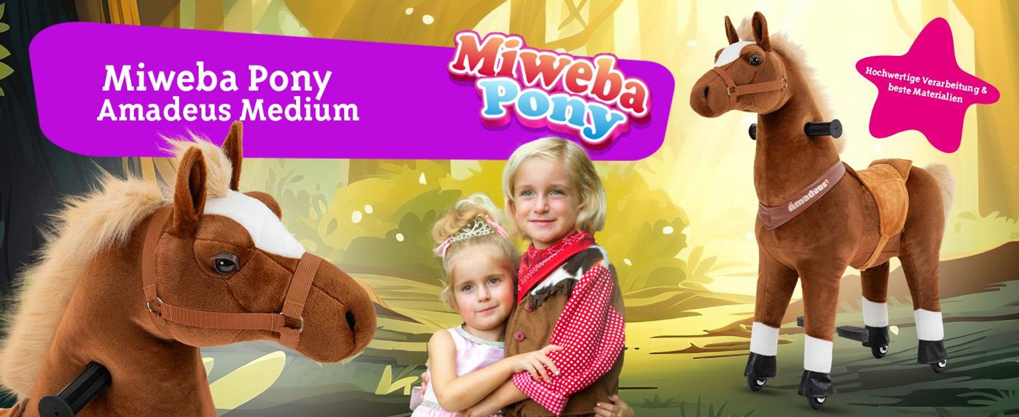 Miweba Pony Amadeus | Spiel Pferd für Kinder  - Schaukelpferd - Stehpferd zum draufsitzen - Reitpferd - Indoor & Outdoor - Rücklaufbremse - 4-8 Jahre