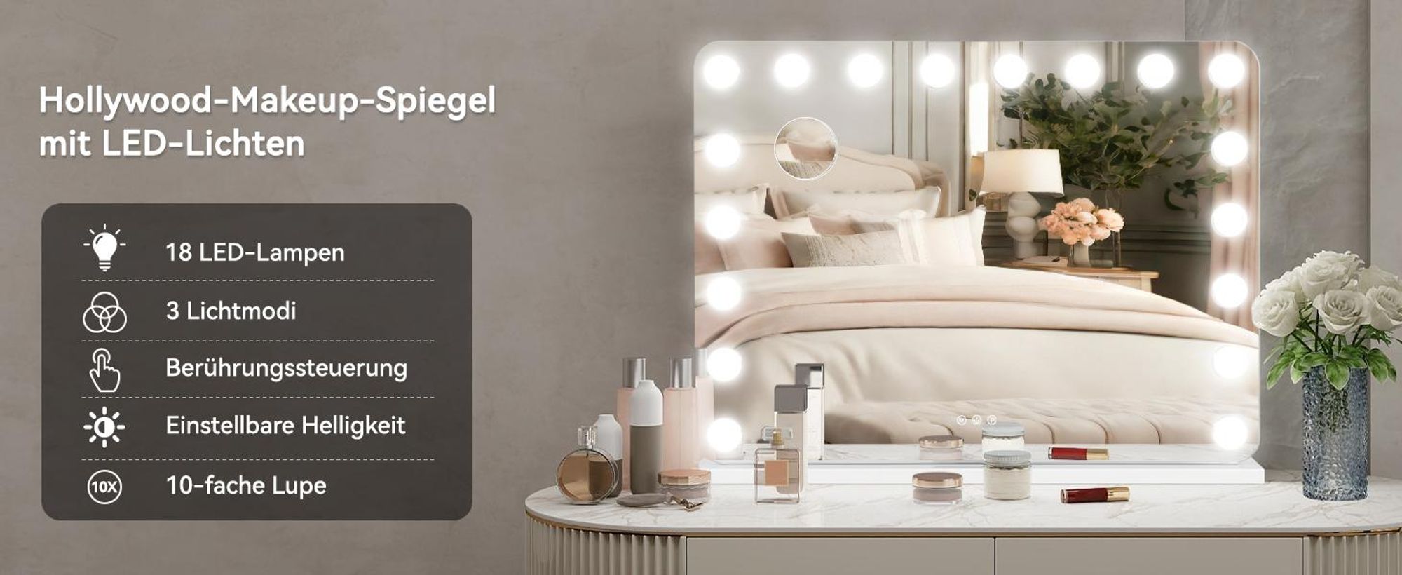 Puluomis Kosmetikspiegel Schminkspiegel 80x60cm Hollywood Spiegel Dimmbar mit 18 LED Beleuchtung 3 Farben, mit USB, 10x, Wandspiegel weiß, rund Ecke