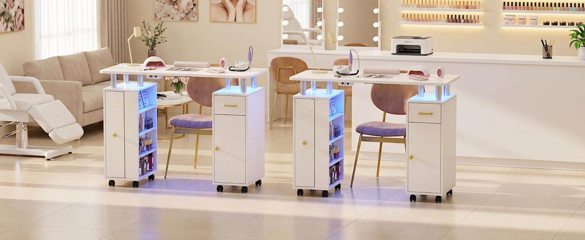Manikürtisch mit Absaugung und LED-Beleuchtung, mobiler Nageltisch mit Staubabsaugung, Schublade und Stauraum für Nagelstudio & Kosmetikstudio