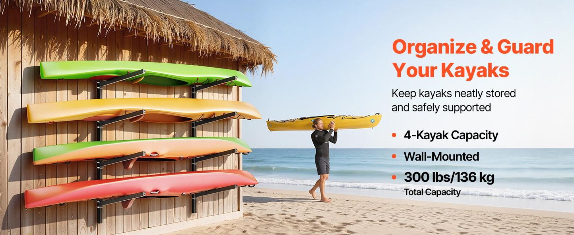 VEVOR Kajak-Aufbewahrungsregal Wandhalterung für 4 Kajaks/Kanus/Surfbretter/Paddleboards/Kleine Boote, Kajakständer mit 136 kg Tragkraft, Einstellbarer Kajakhalterung Lagergestell für Garage Steg