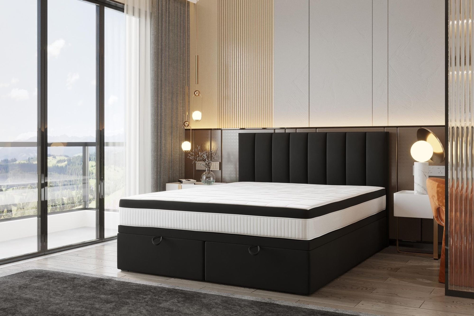 TRADA Bond Boxspringbett 200x200 mit Bettkasten mit Matratzen Stauraum Velvet 9-Komfortzonen H3 Schwarz