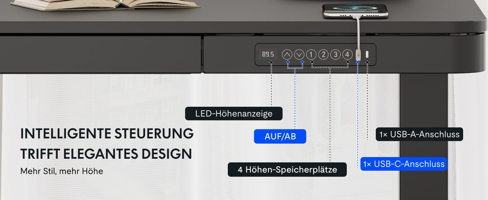 FLEXISPOT Q3 Höhenverstellbarer Schreibtisch Elektrisch mit Schublade, USB A&C, 4 Speicherplätzen, Antikollisionsschutz, LED-Display 120x60cm(Schwarz)