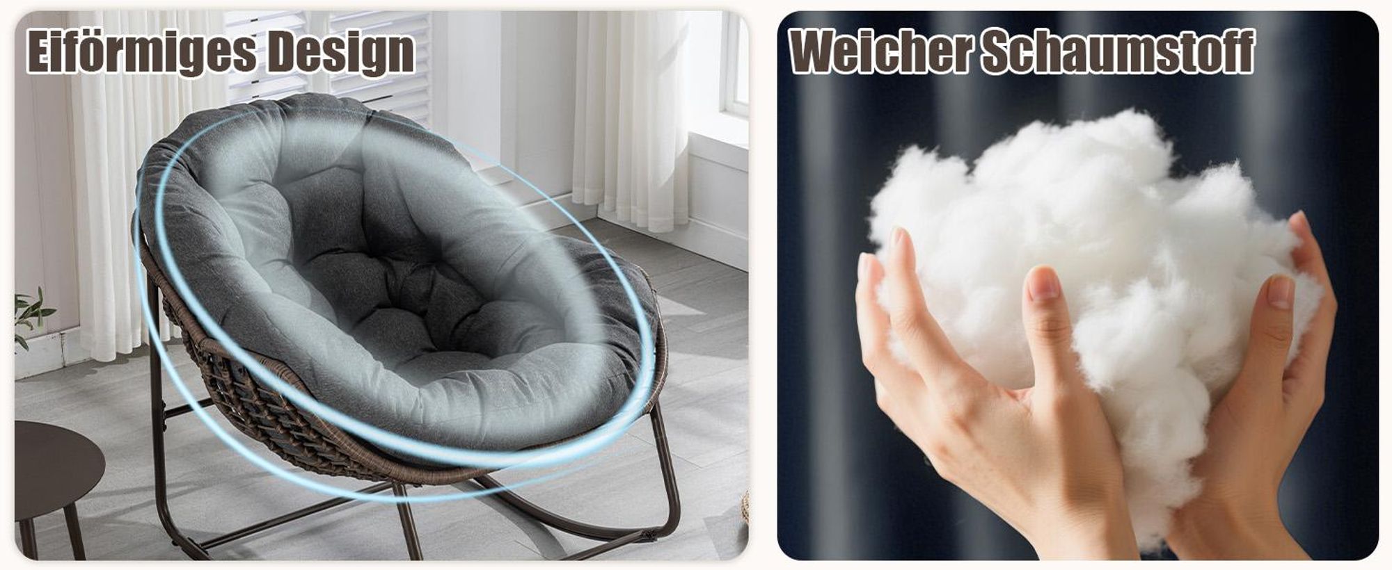 LVHOM Schaukelsessel Garten mit gepolstertem Kissen, Rattanstuhl mit Stahlrahmen, Schaukelstuhl Outdoor Loungesessel, Sessel für Balkon, Dunkelgrau