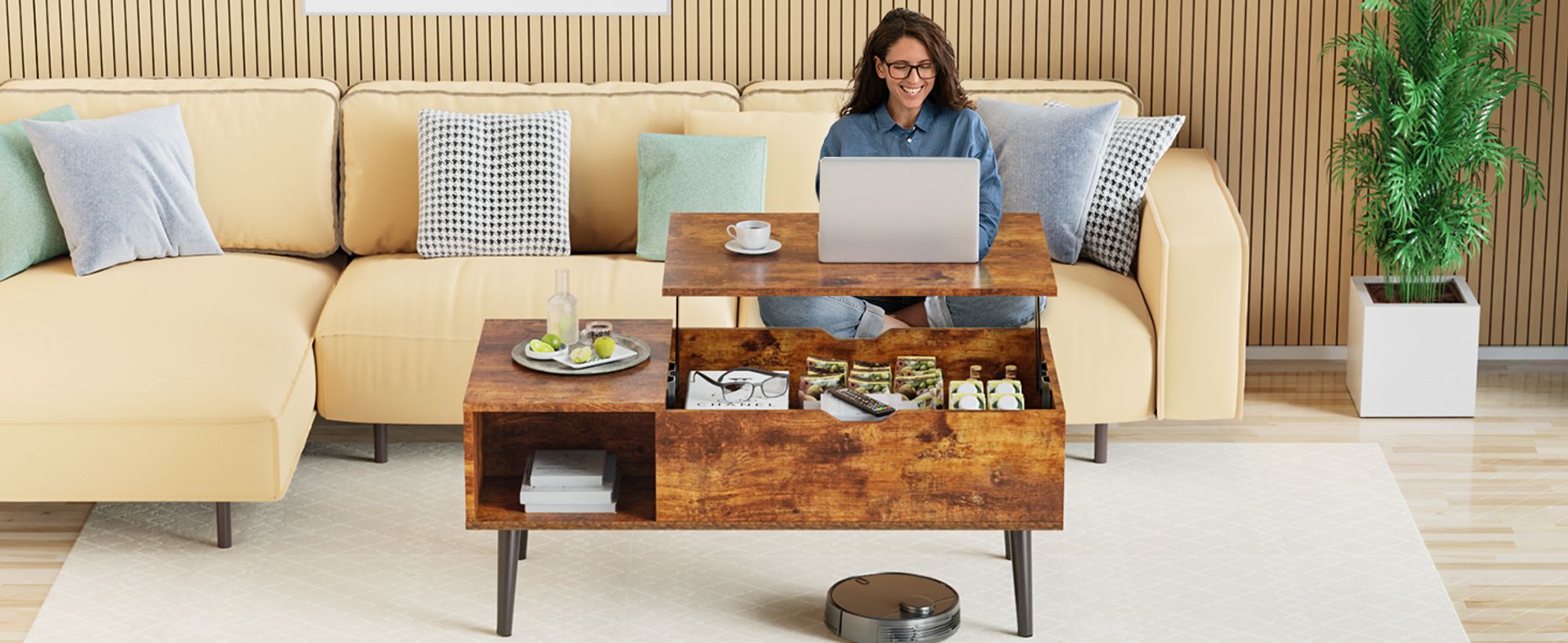 Sweetcrispy Couchtisch Höhenverstellbar, Qualität Wohnzimmertisch, Multifunktionales Coffee Table Ausziehbar, Couchtisch mit Stauraum,   (Braun)