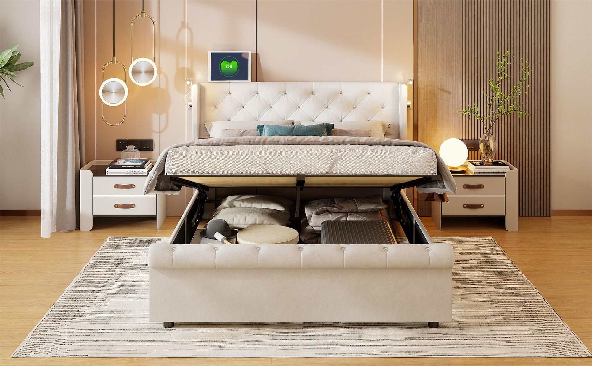 INONEFT Boxspringbett 160×200 mit Leselampe &USB ,Polsterbett mit Stauraum,Hydraulisches Doppelbett, Samt, Beige.