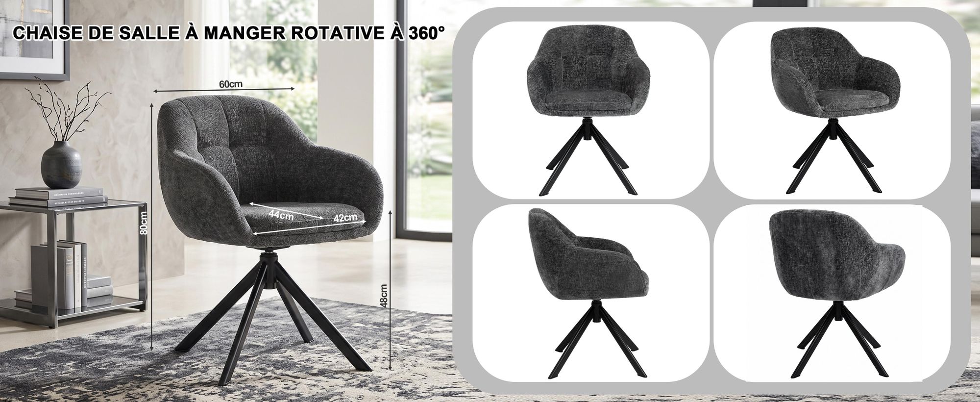 Fauteuil de salon Duhome en chenille, chaise de coiffeuse, chaise de salle à manger avec coque pivotante à 360°, gris
