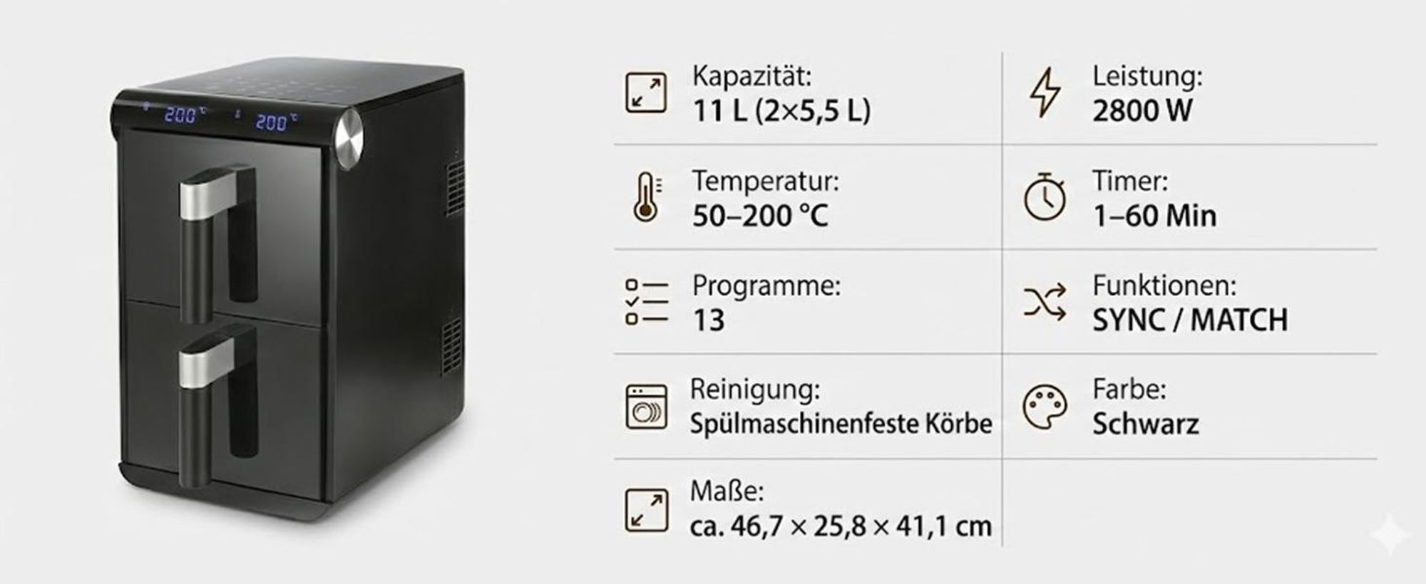 ZMH Heißluftfritteuse Airfryer 2 Kammern 11L 3in1 Air Fryer Dual Zone Doppelkammer übereinander 2800W Heissluftfritteuse mit Touchscreen & Timer