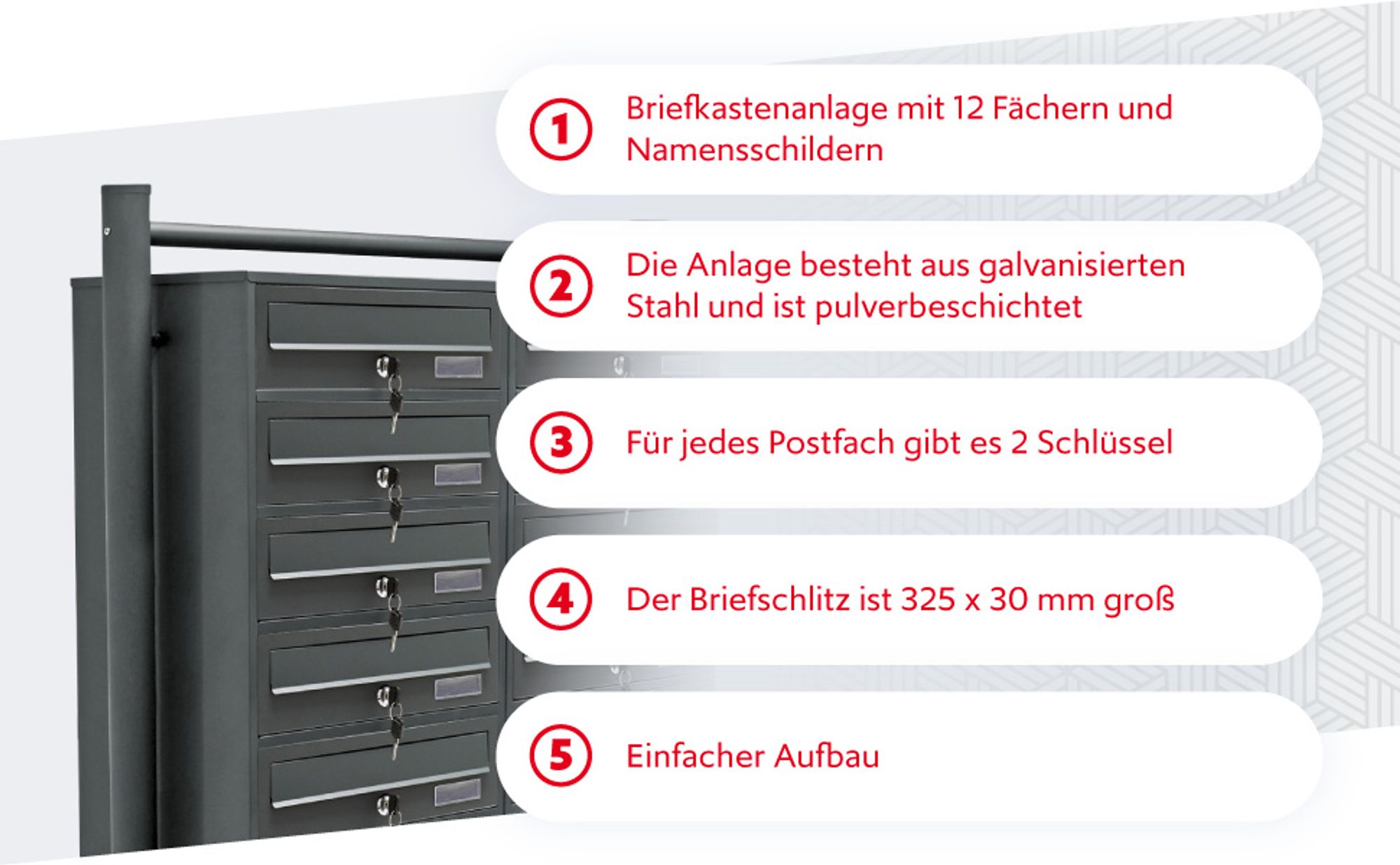 Wiltec 12er Briefkastenanlage Anthrazit 945 x 270 x 1500 mm, Standbriefkasten mit 2x6 Fächern, Schlüssel und Namensschild, Briefkasten Postkasten mit Ständer