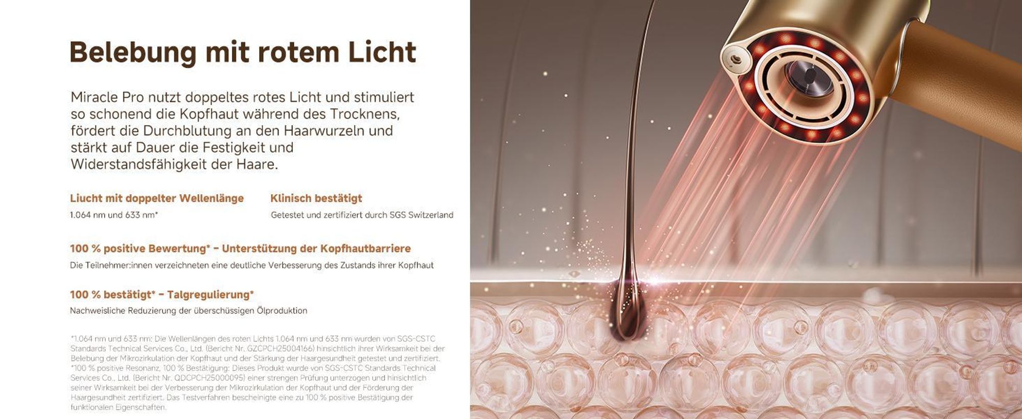 Dreame Miracle Pro Haartrockner,Rotlicht-Kopfhautpflege,Haarpflege mit negativen Ionen,130K U/min,4 Temperaturstufen,2 Gebläsestufen,Ledergriff,Gold