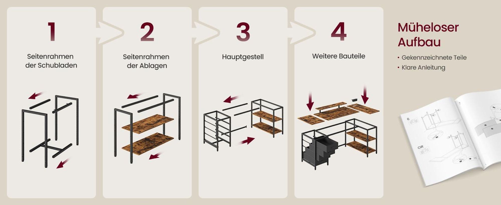 VASAGLE L-förmiger Eckschreibtisch mit USB-Anschlüssen, Computertisch, 2 Ablagen, 4 Schubladen, 160 x 80 cm, braun