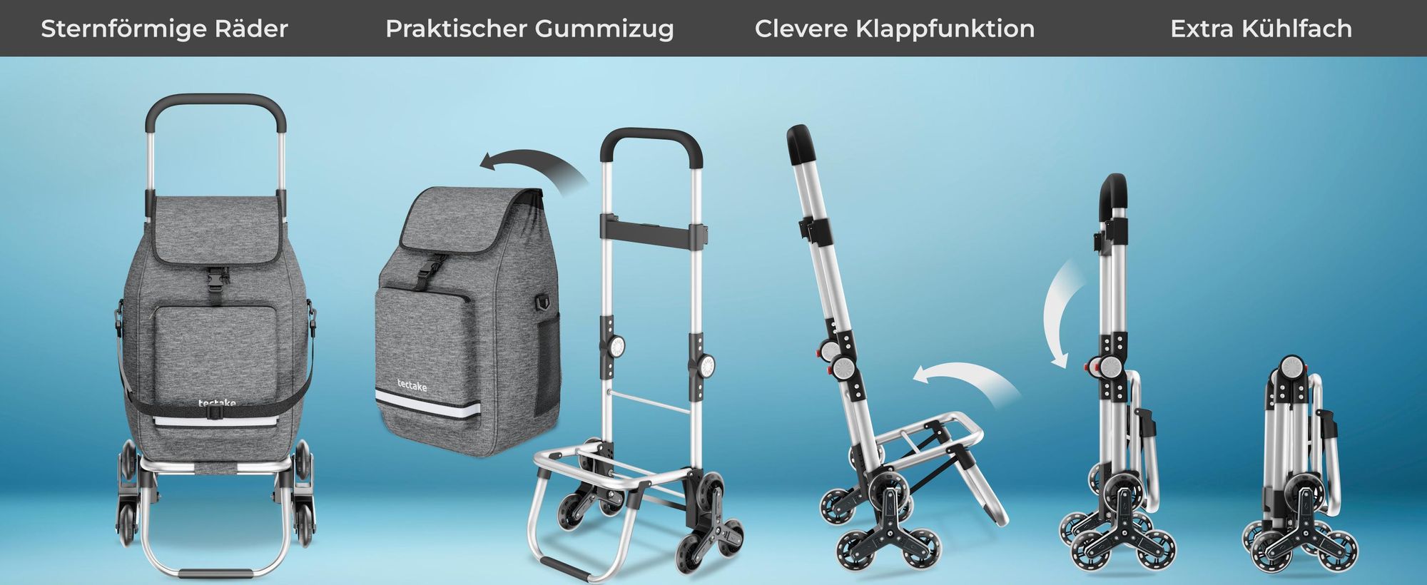 tectake® Einkaufstrolley Shopper 3-in-1, Nutzung auch als Umhängetasche und Sackkarre, 56 l inkl. Kühltasche, leichtgängige Treppensteiger-Räder