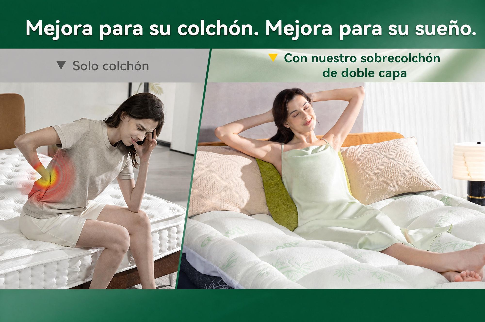 NicePlus, colchón de arriba de 2 en 1, 90x200x7 cm, espuma viscoelástica de 5 zonas + acolchado superior de bambú, con elásticos en las esquinas para adaptarse a todos los colchones, firmeza H2/H3, color verde