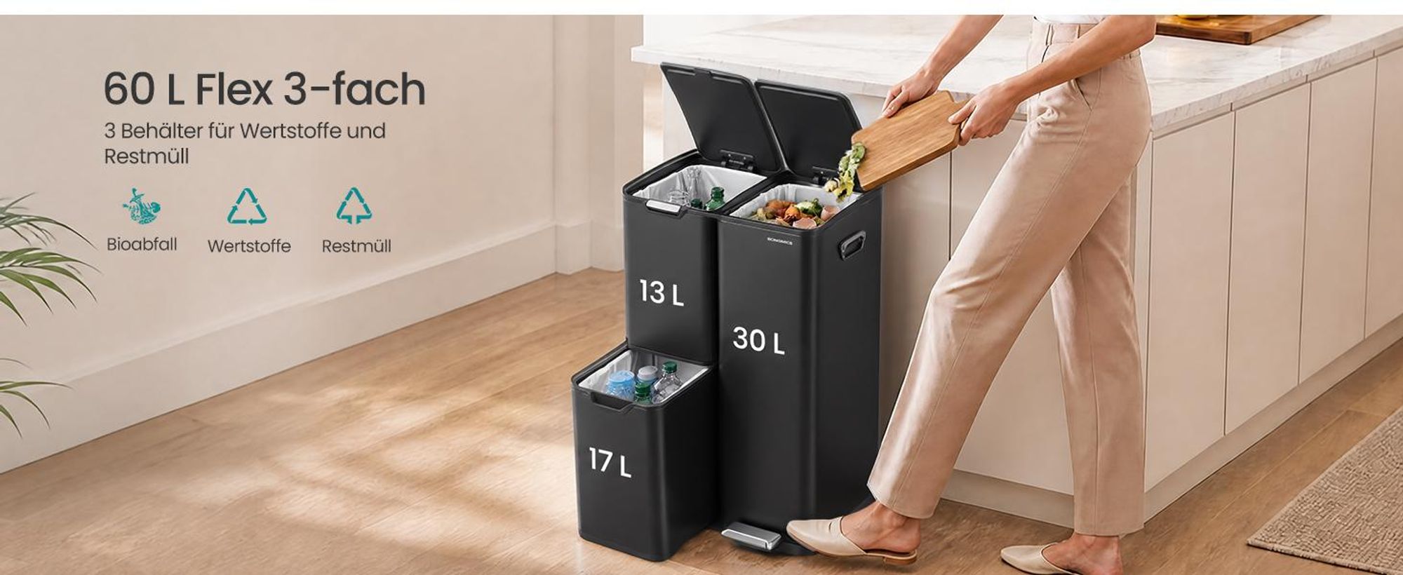 SONGMICS Mülltrennsystem Küche 60 L Tretmülleimer mit 3 Fächern 46,7 x 39 x 71,9 cm Schwarz