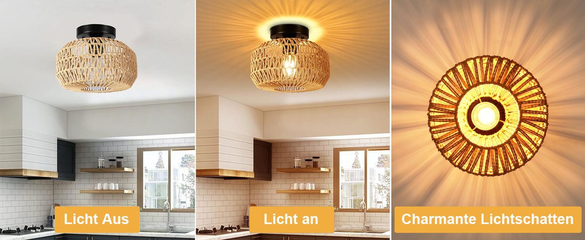 Deckenlampe Boho Vintage Deckenleuchte E27 Pendelleuchte mit Rattan Lampenschirm Hängelampe für Wohnzimmer, Schlafzimmer, Küche, Flur