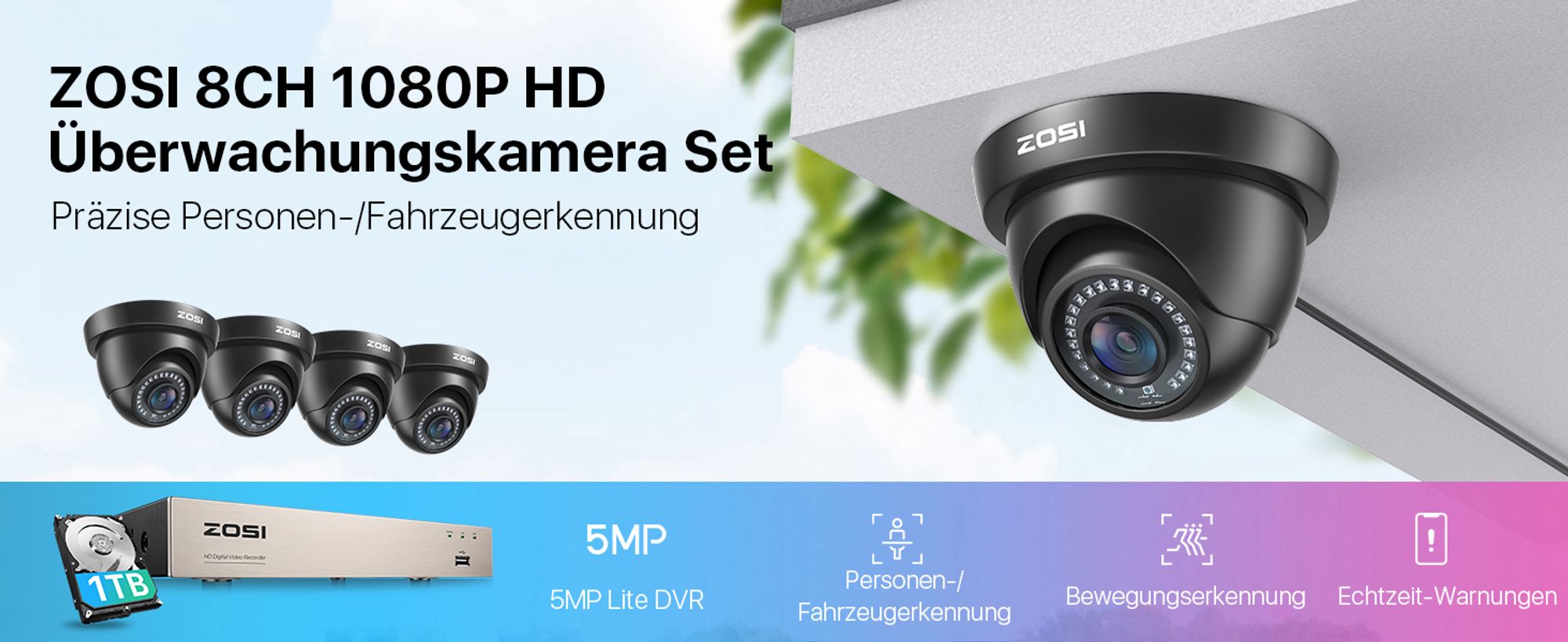 ZOSI 8CH 1080P HD DVR Video Überwachungssystem mit 1TB Festplatte und 4 Außen 2.0MP Dome Überwachungskamera Set