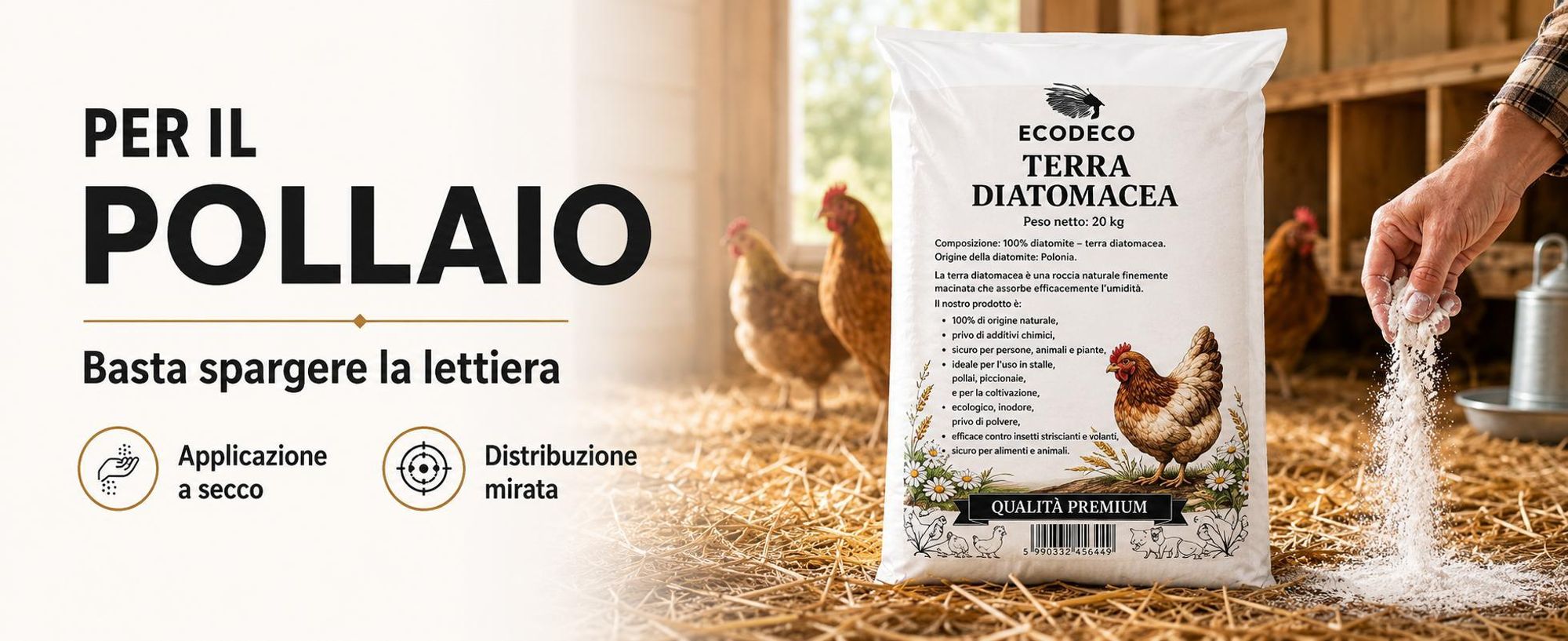Ecodeco: Terriccio di diatomee da 20 kg, ideale per pollaio, lettiera e allevamento di animali – assorbente minerale, inodore