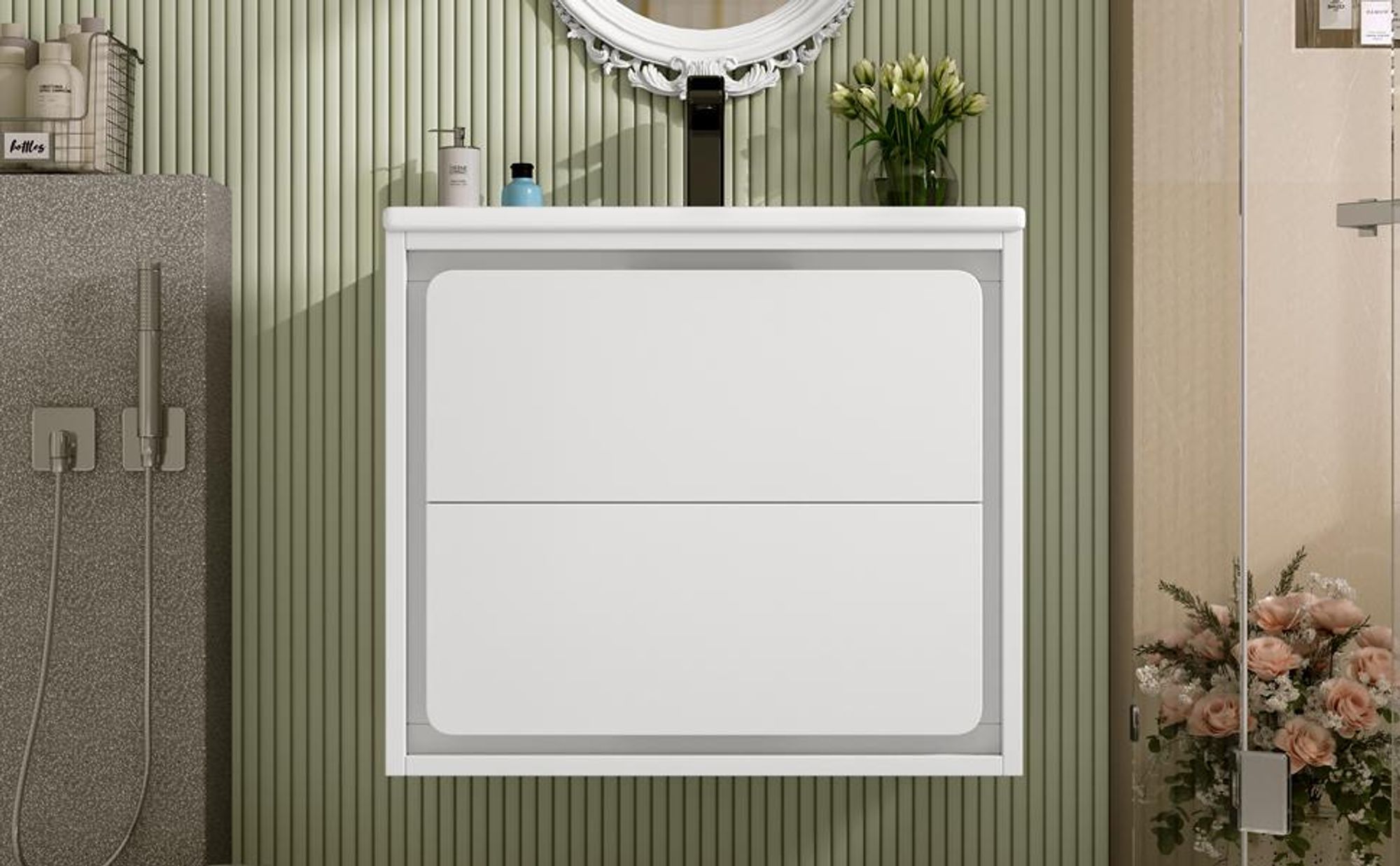 Merax Waschtischunterschrank, LED-Radarsensor, 2 Schubladen, Wandhängend Badezimmerschrank, Keramik Waschbecken, Kleiner Waschtisch, 60x46x50cm, Weiß