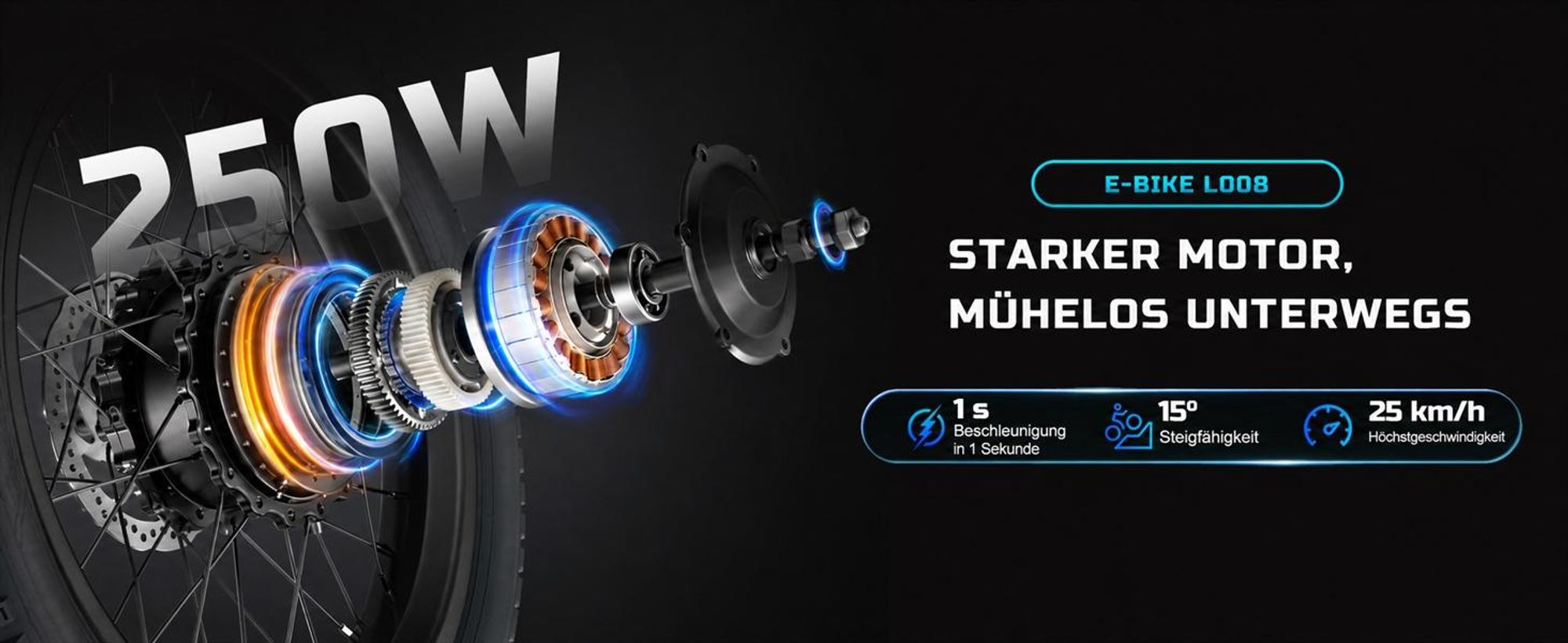 Runetic Ebike, Foldable e-bikes, 250W Motor, 36V 13Ah herausnehmbarer Akku, bis zu 80 km Reichweite, 25 km/h, 20" x 3,0" Breitreifen - Schwarz