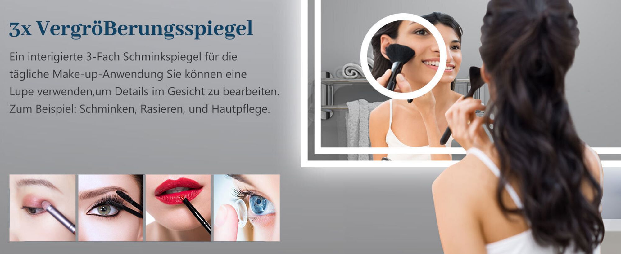 AICA LED Badspiegel 120x70cm mit Beschlagfrei Uhr Badezimmerspiegel 3 Lichtfarbe 3x Vergrößernder Kosmetikspiegel Dimmbar Memory-Funktion IP44