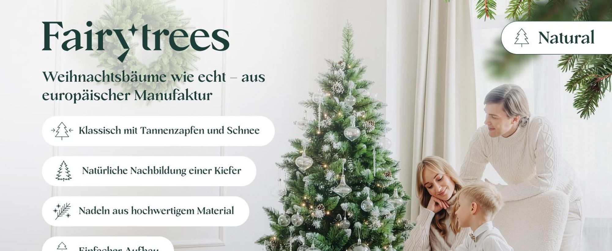 FairyTrees Weihnachtsbaum künstlich 150cm Kiefer mit Christbaum Holzständer | Tannenbaum künstlich mit Natur-Weiss beschneit | EU