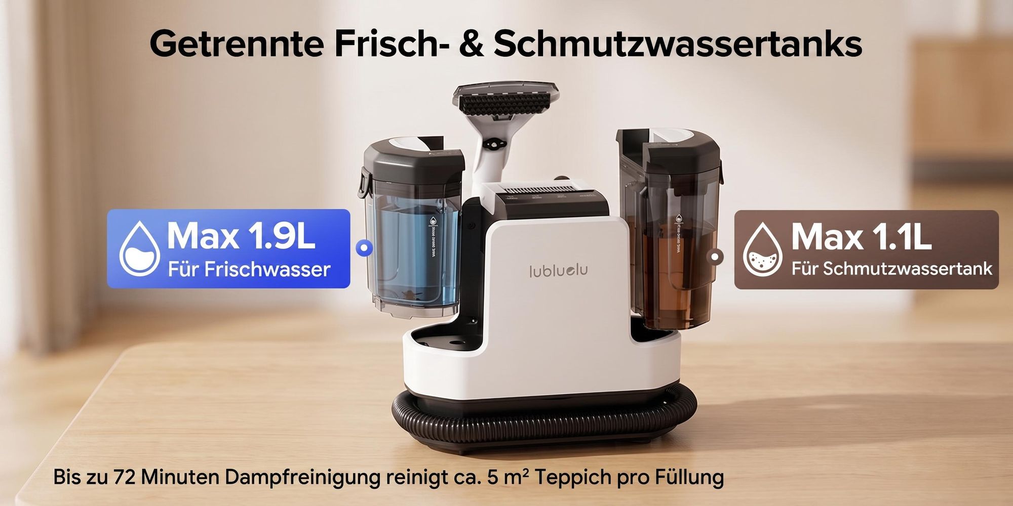 Lubluelu V11 Polsterreiniger Waschsauger Teppichreiniger 30KPa Dampffunktion 4 Modi 1900W mit 1,9L+1,1L Doppeltank für Sofa Auto Matratze Touchdisplay
