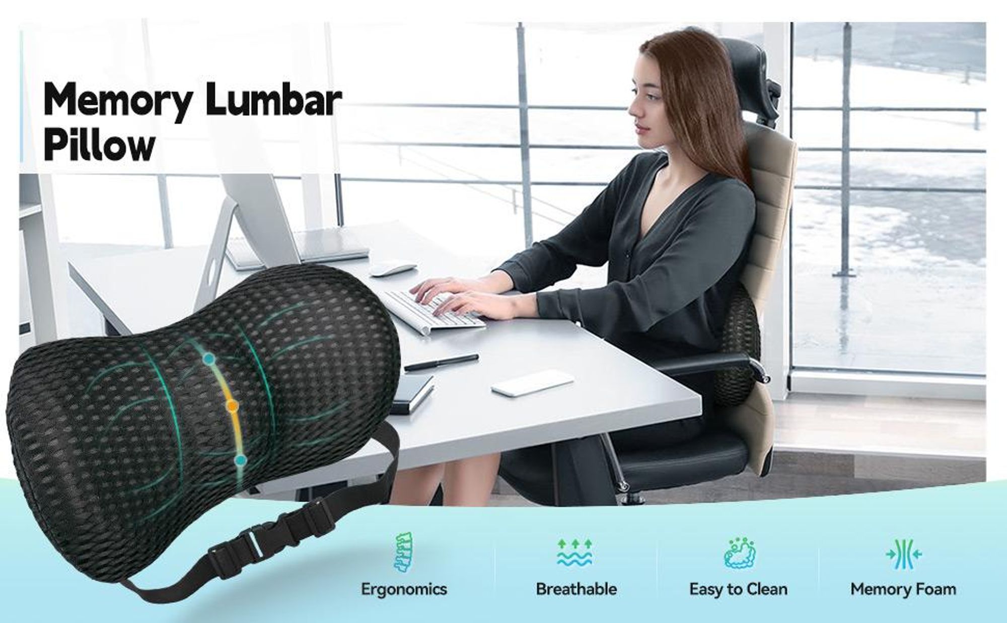 Orthopädisches Lendenkissen aus Memory Foam, Rückenkissen, Lendenwirbelkissen, Ergonomisches Design, mit Befestigungsgurt, für Bett, Auto, Bürostuhl