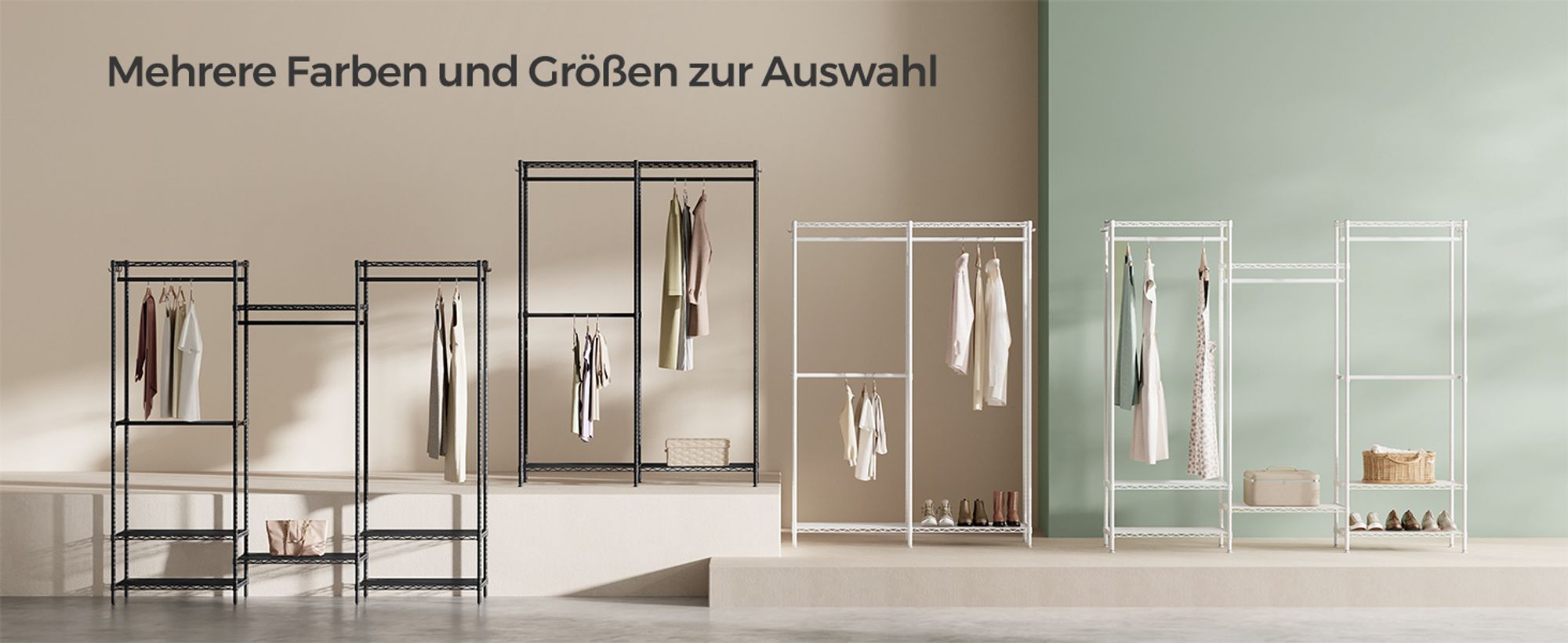 SONGMICS Kleiderständer, offener Kleiderschrank, Garderobe aus Metall, Garderobenständer mit verstellbaren Ablagen und Kleiderstangen, Haken