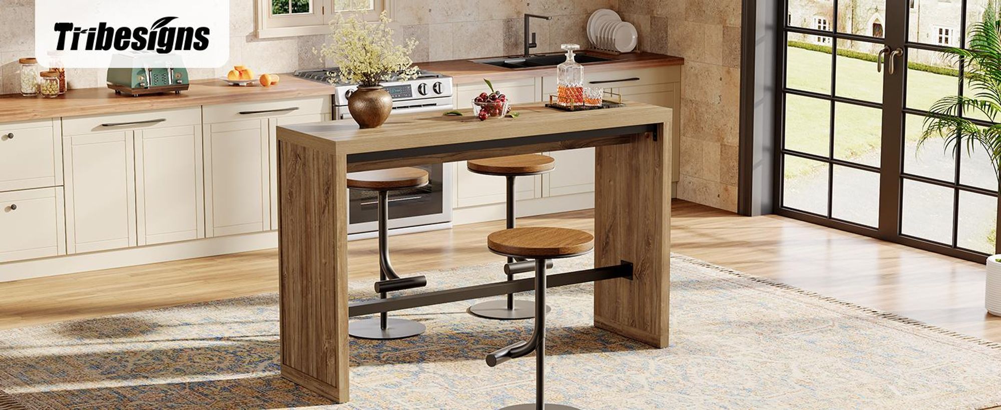 Tribesigns Bartisch, 140 cm Stehtisch mit Metallfußstütze, rechteckiger Stehtisch für Hausbar, Küche, Esszimmer, Bistro, Wohnzimmer