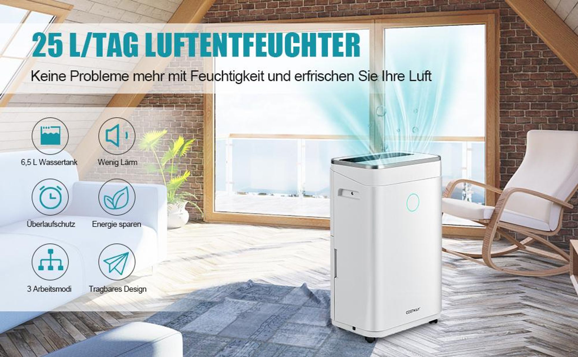 COSTWAY 3in1 Luftentfeuchter 25L/Tag bis 30㎡, Entfeuchter inkl. 6,5L Wassertank, automatisch Entleerung, 24H Timer, Überlaufschutz, 42dB, Dehumidifier