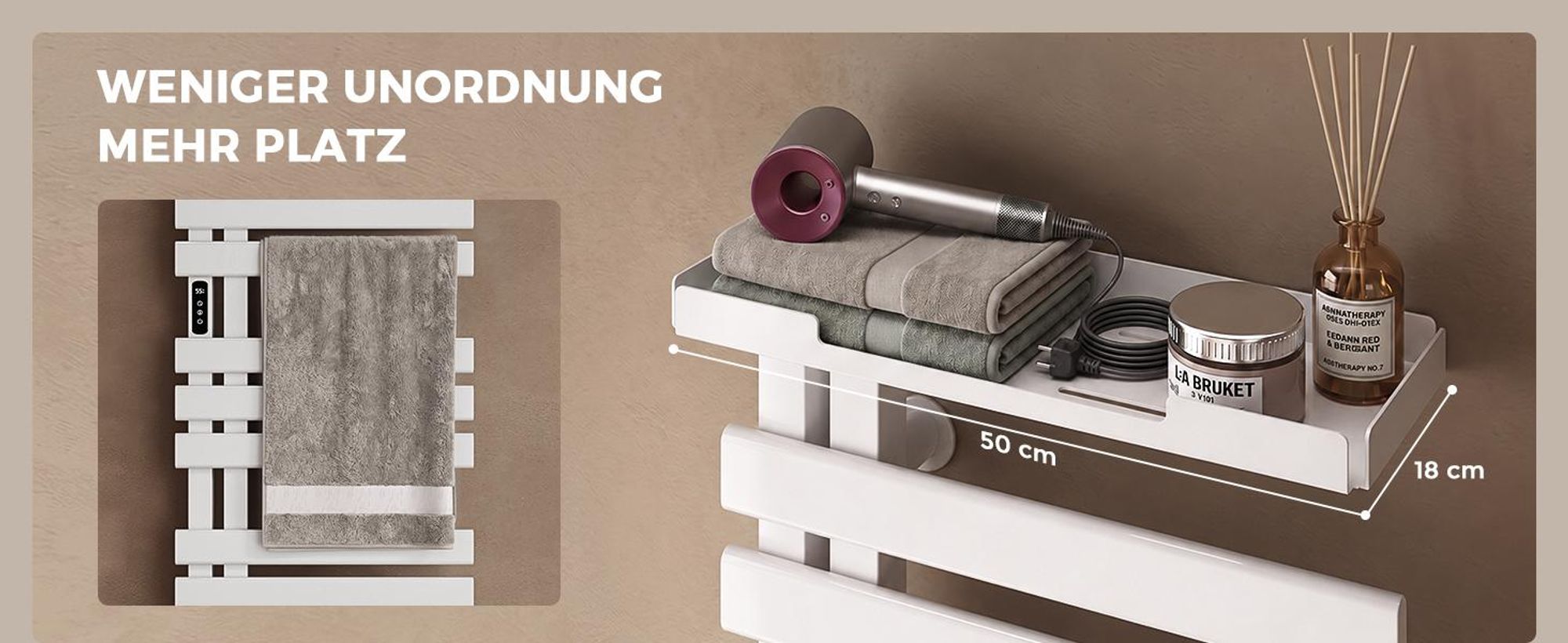 S'AFIELINA Handtuchheizkörper elektrisch mit Ablage 1050×500 mm 335W Weiß,Smart Handtuchwärmer mit WLAN-App, Carbonfaser-Heizung, 6 Heizmodi