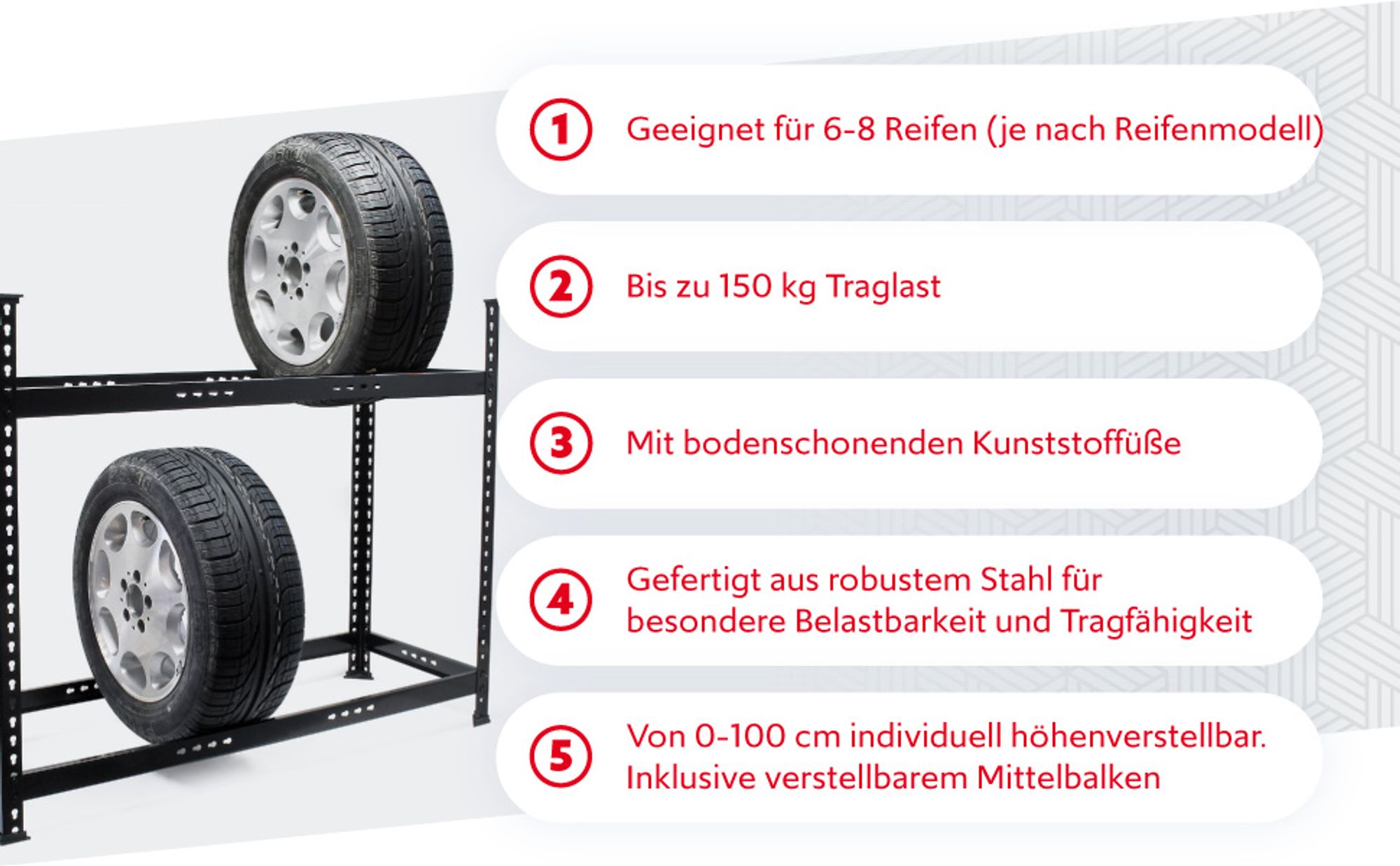Wiltec Reifenregal – 101 x 120 x 44 cm – bis 150 kg – für 6-8 Reifen – aus Stahl – Werkstattregal Lagerregal Reifenständer Schwerlastregal