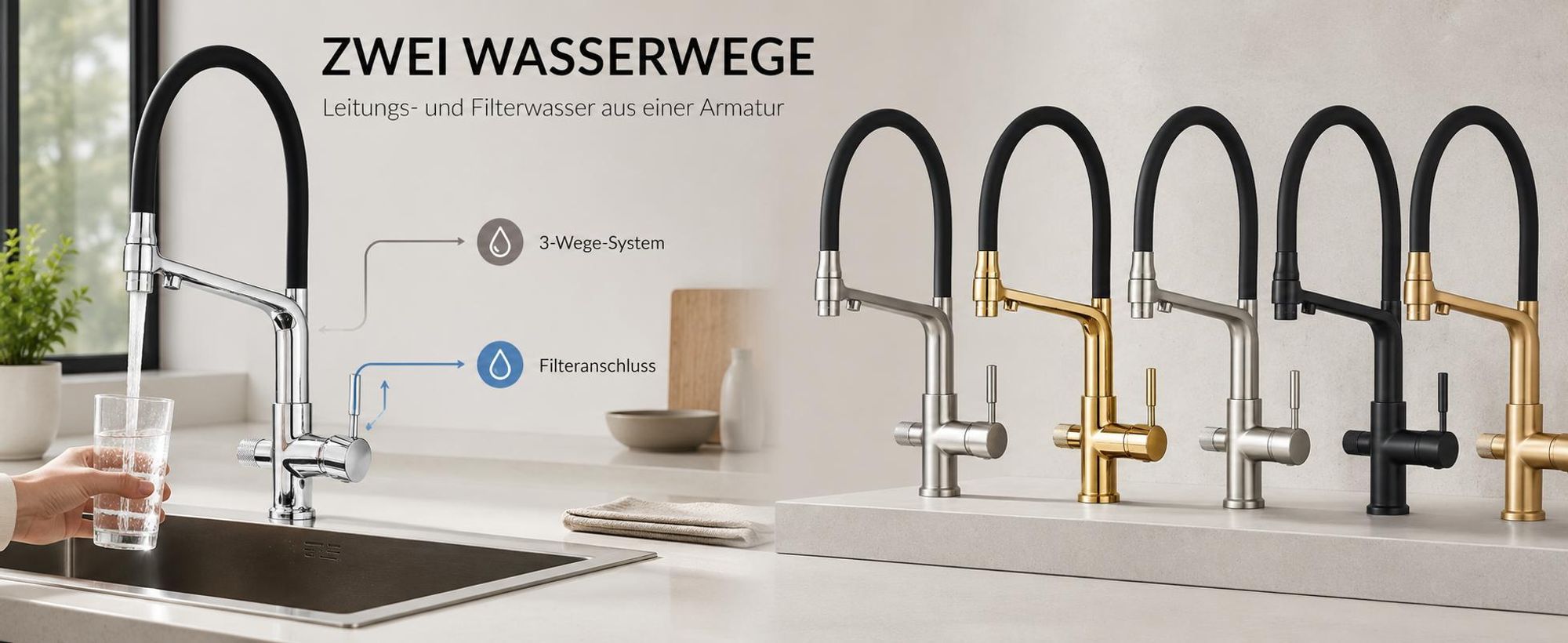 3-Wege Küchenarmatur Flexible mit Wasserfilter-Anschluss, herausziehbare Brause, 360° schwenkbar, getrennte Wasserwege, Keramikkartusche Schwarz-Matt
