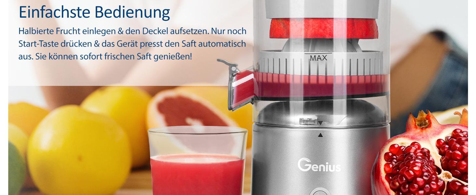Genius Akku Zitruspresse by Nicer Dicer 6 tlg, elektrische Saftpresse, Orangenpresse Entsafter, Akkulaufzeit bis 25 Min, 45 W, Auffangbehälter 200 ML