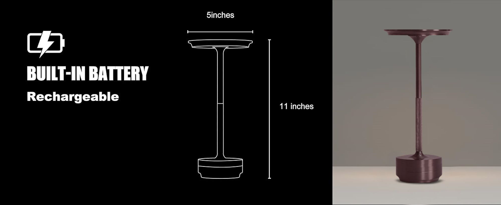Kabellose Dimmbare LED Akku Tischleuchte Touch Tischlampe Lampe Wohnzimmer Nachttischlampen Dreifarbiges Licht braun