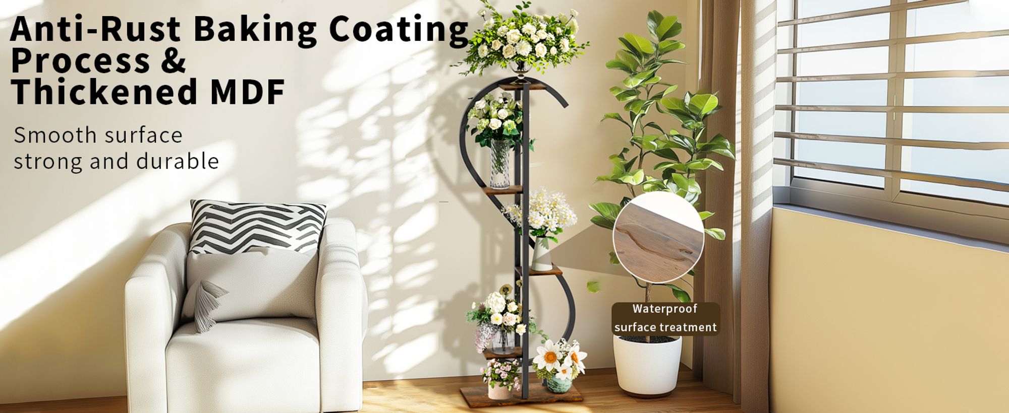 WISFOR Pflanzenständer, 5 Etagen Blumenregal Pflanzenregal, S-förmige Mehrstöckig Blumenständer Pflanzenständer, rustikales Braun, 55 x 26 x 153 cm