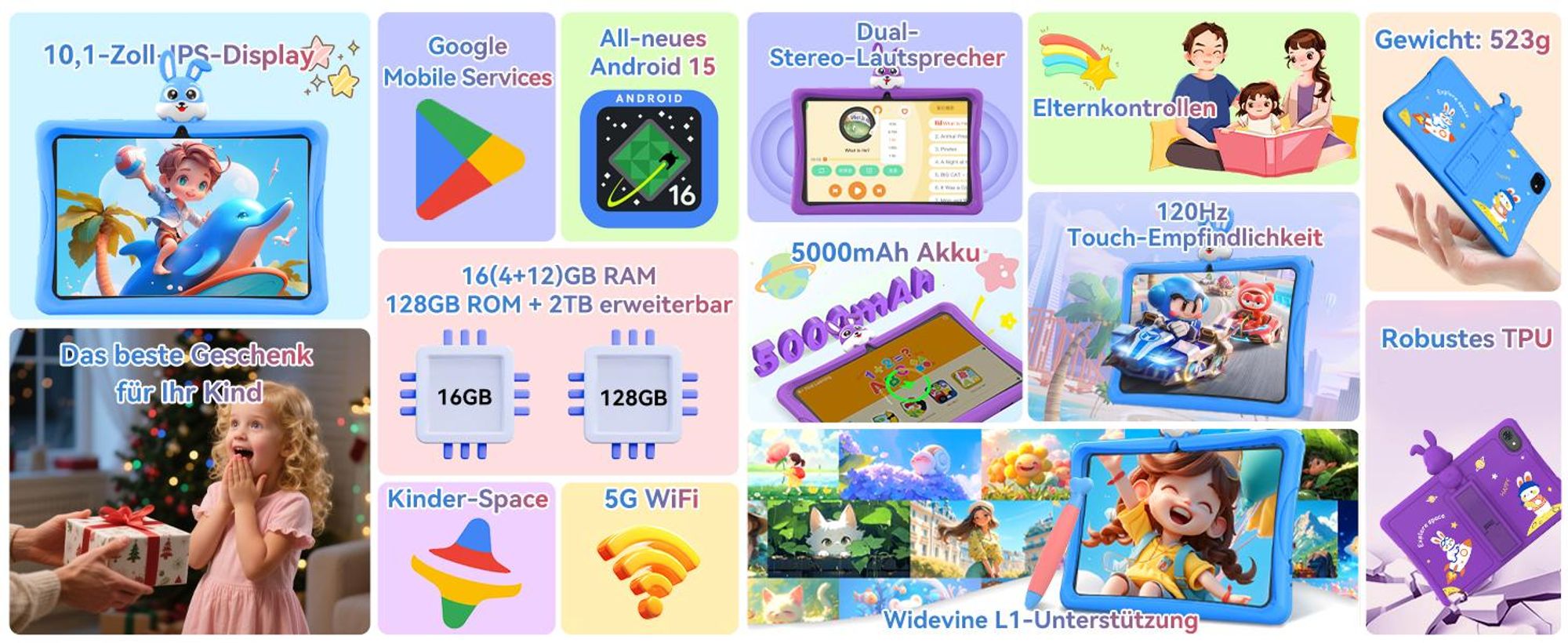 Tabwee K10, 10.1" Kinder Tablet, 4GB+128GB, Android 16, WiFi Tablet für Kinder, mit Schutzhülle und Stift, 5000 mAh, Google Kids Space