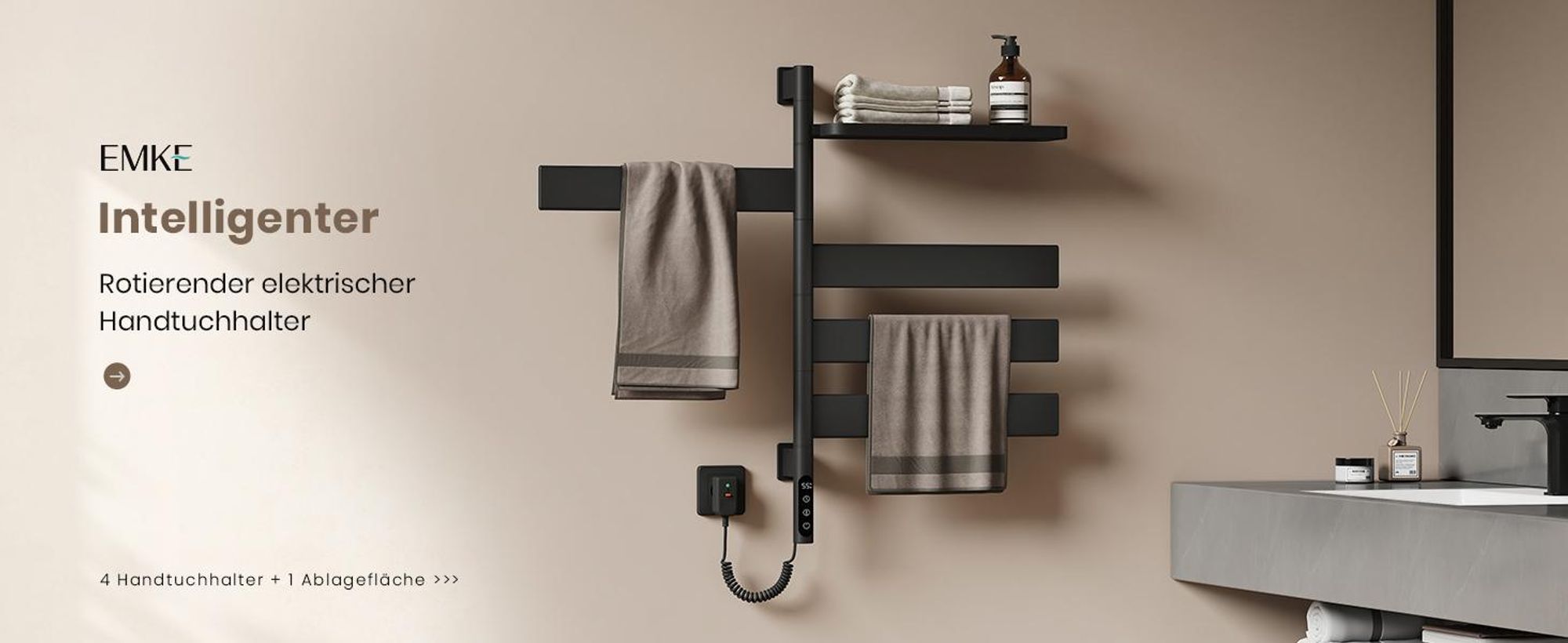 EMKE Elektrischer Badheizkörper mit drehbarem Handtuchhalter und Ablage Thermostat WiFi-App Sprachsteuerung Timer 76x45x14cm schwarz
