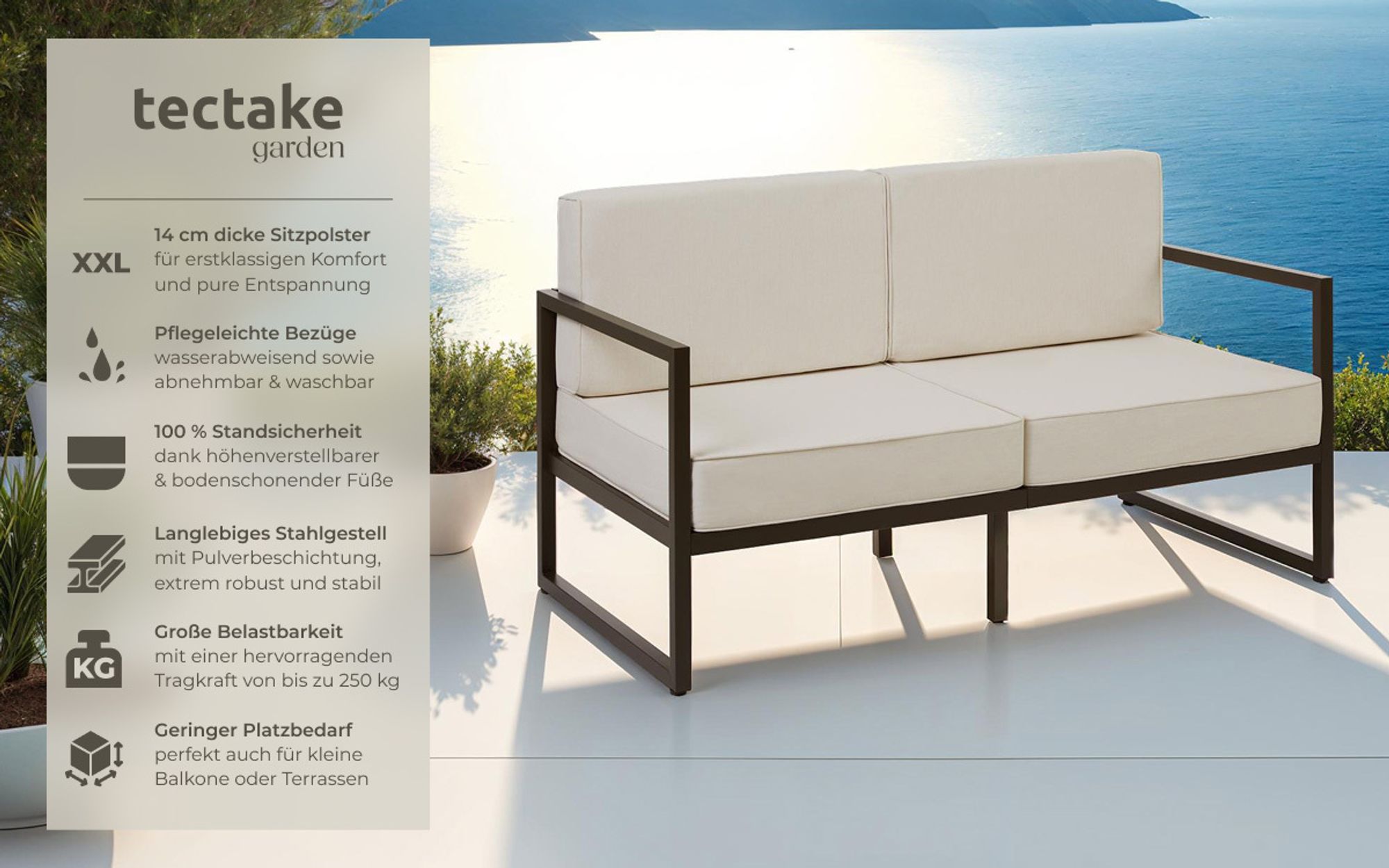 tectake® Garten-Loungesofa Comosa, 2-Sitzer, ultradicke Polsterung
