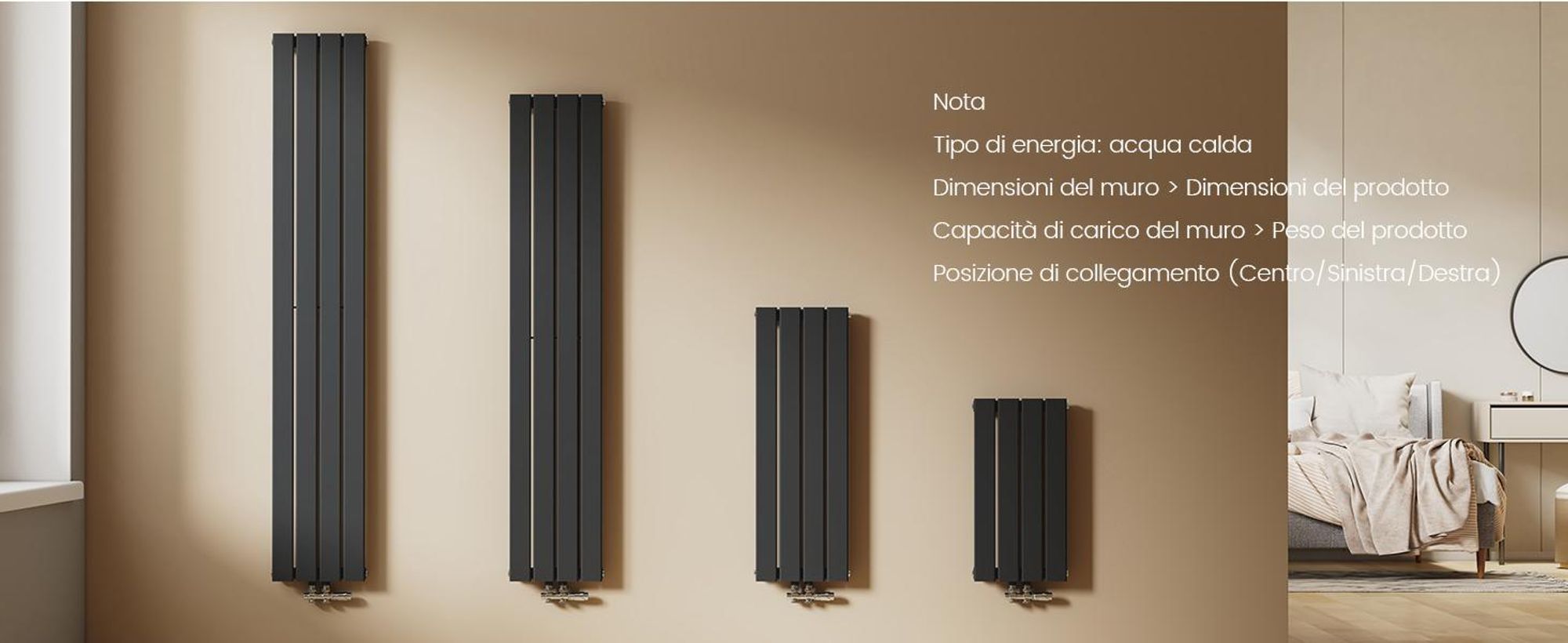 Radiatore EMKE Radiatore dal design piatto Radiatore a pannello Radiatore verticale monostrato Attacco centrale 160x30cm 501W Nero senza elemento riscaldante